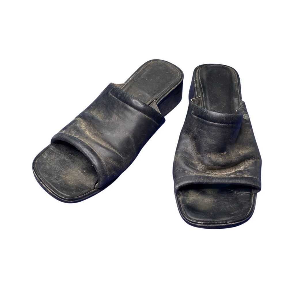 Harley Davidson Black Leather Slide Sandals Block Heel Women Size 6 Biker Grunge